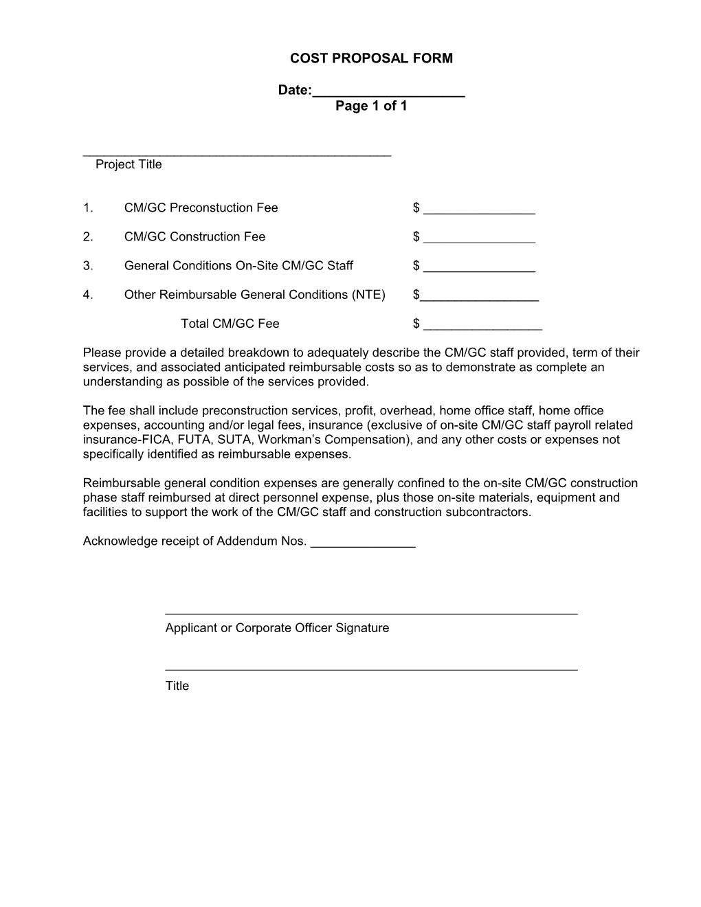 Cost Proposal Form