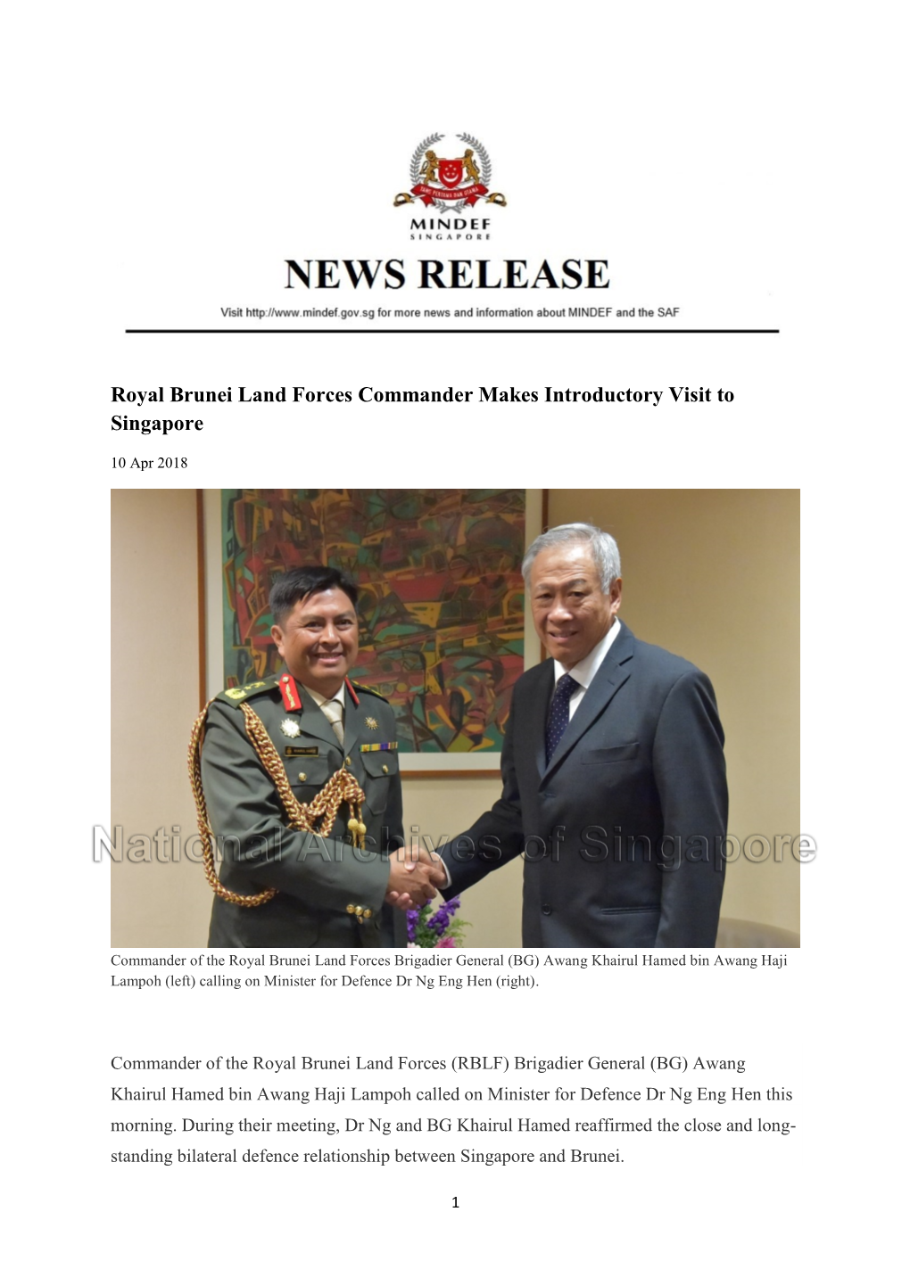 Royal Brunei Land Forces Commander Makes Introductory Visit to Singapore