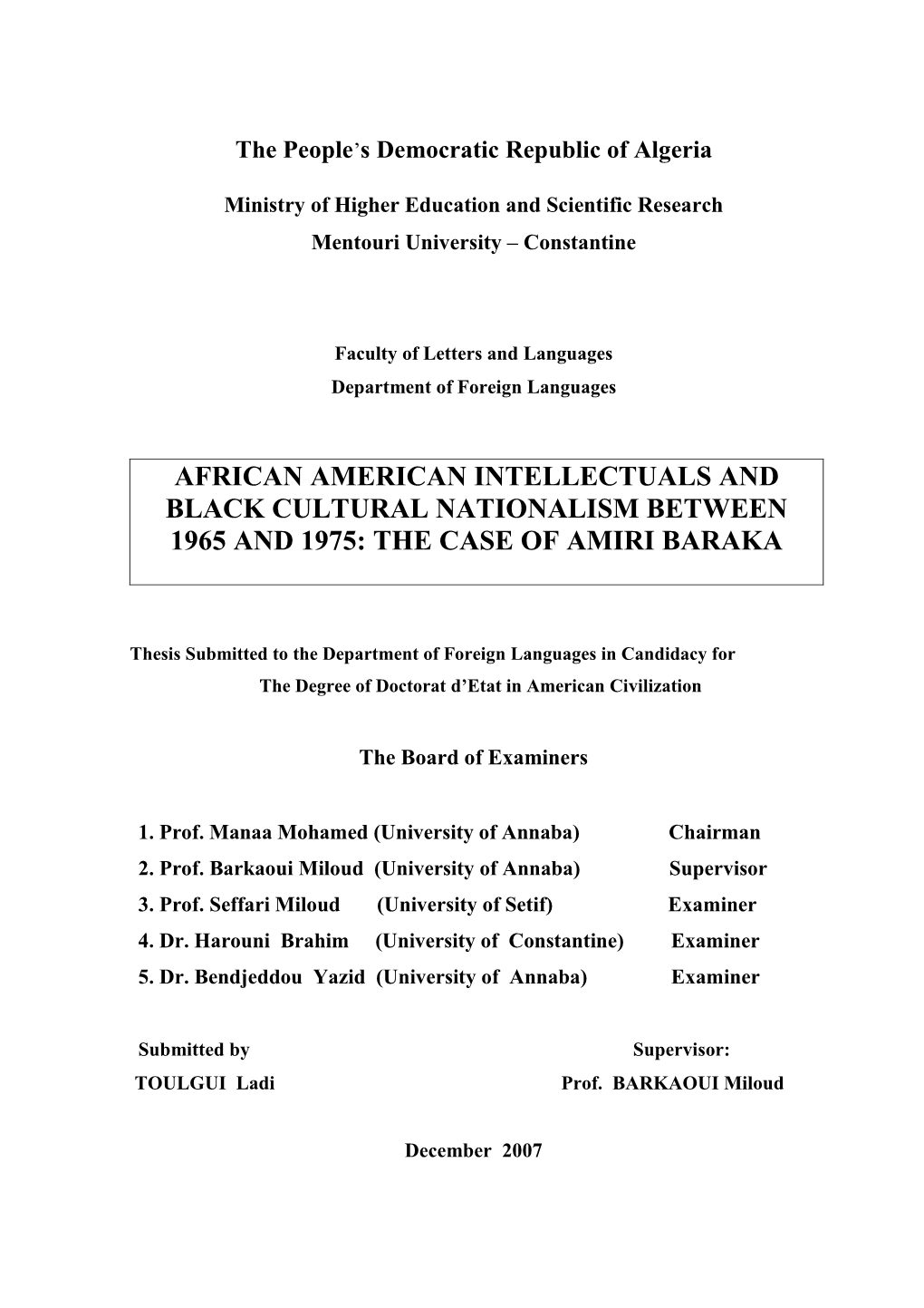 African American Intellectuals and Black Cultural Nationalism Between 1965 and 1975: the Case of Amiri Baraka