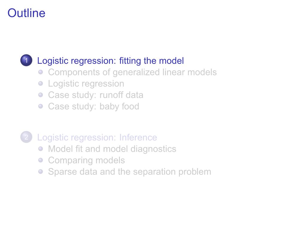 Logistic Regression: ﬁtting the Model Components of Generalized Linear Models Logistic Regression Case Study: Runoff Data Case Study: Baby Food