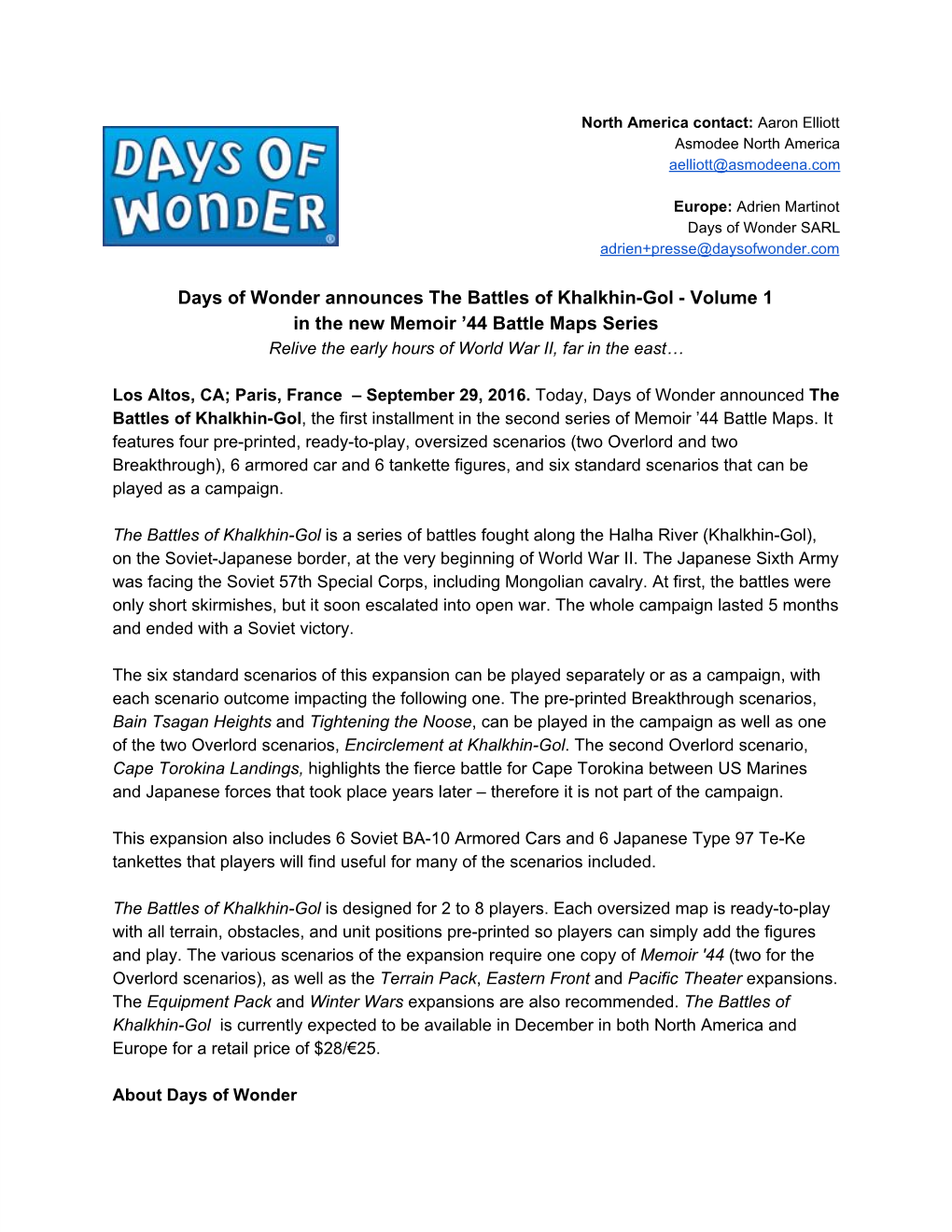 Days of Wonder Announces the Battles of Khalkhin-Gol - Volume 1 in the New Memoir ’44 Battle Maps Series Relive the Early Hours of World War II, Far in the East…