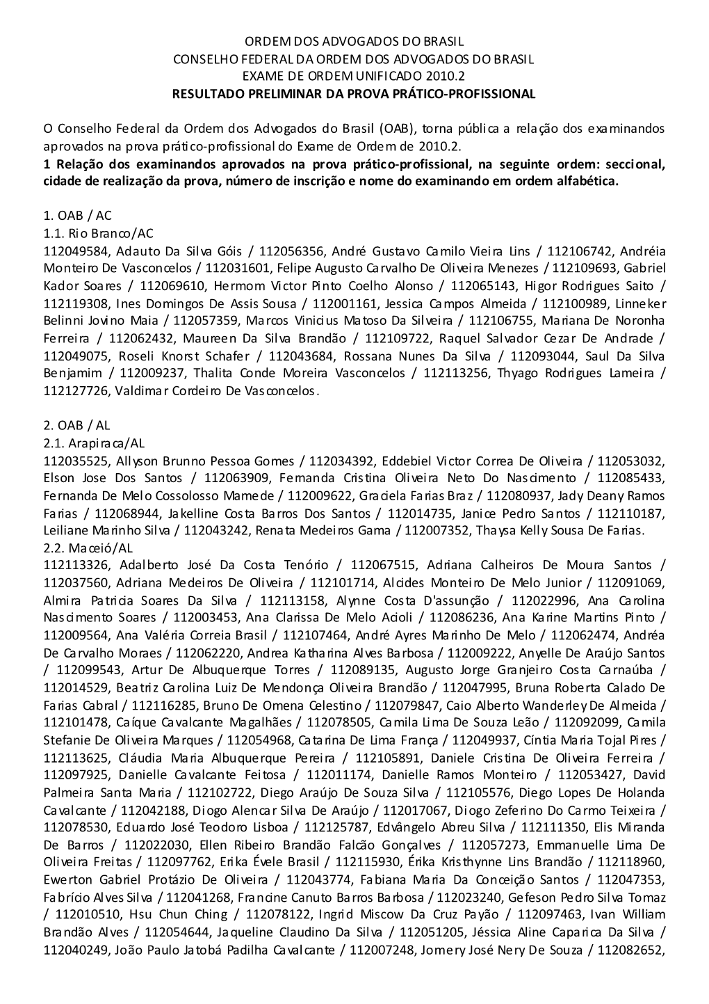 Ordem Dos Advogados Do Brasil Conselho Federal Da Ordem Dos Advogados Do Brasil Exame De Ordem Unificado 2010.2 Resultado Preliminar Da Prova Prático-Profissional