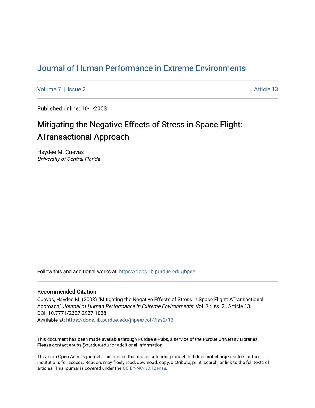 Mitigating the Negative Effects of Stress in Space Flight: Atransactional Approach