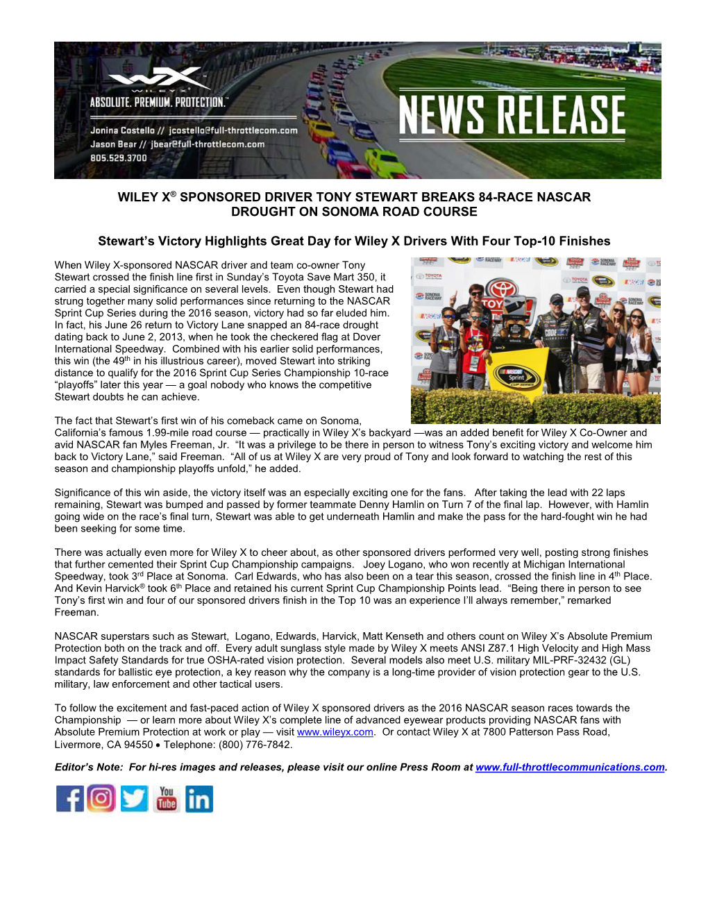 Wiley X® Sponsored Driver Tony Stewart Breaks 84-Race Nascar Drought on Sonoma Road Course