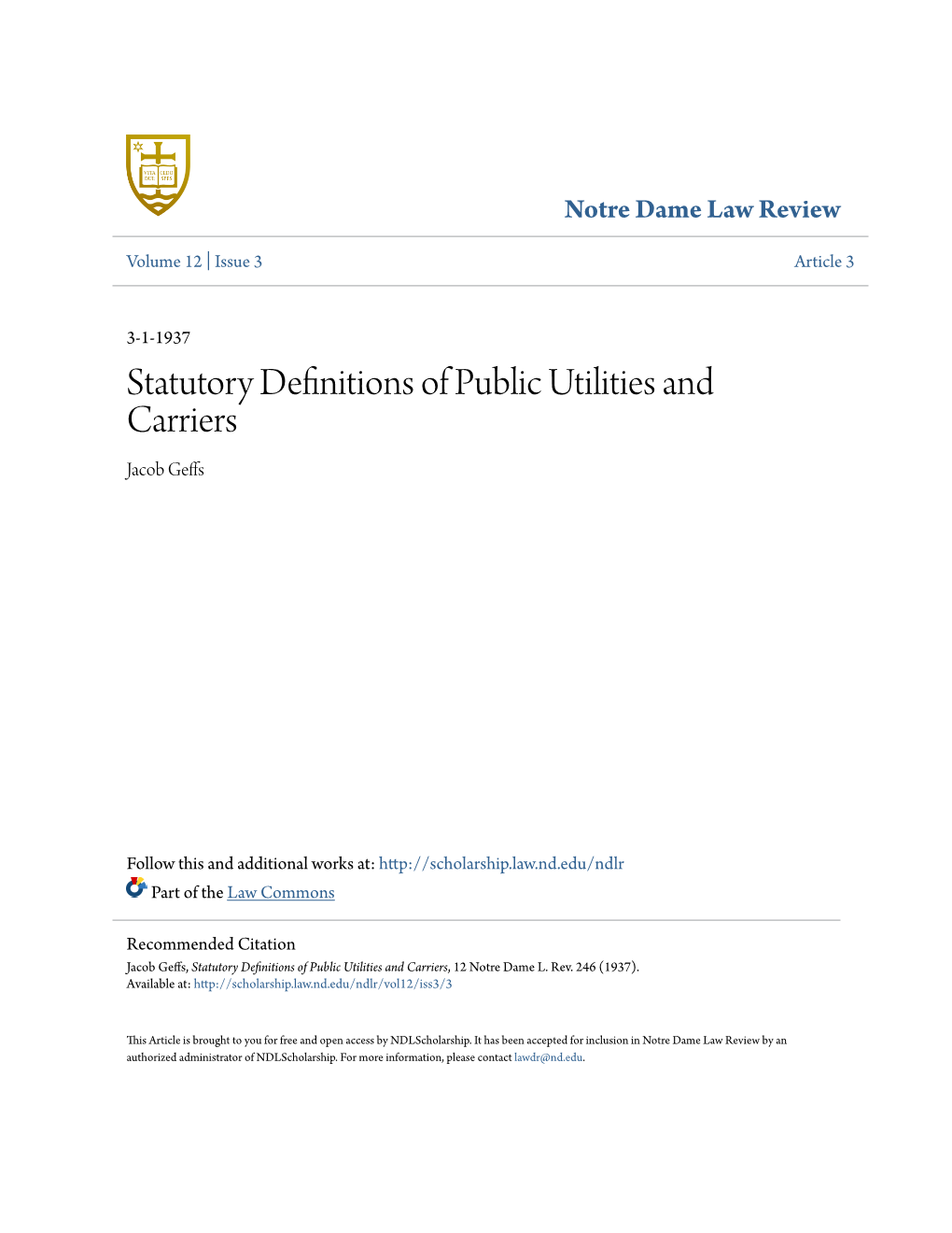 Statutory Definitions of Public Utilities and Carriers Jacob Geffs