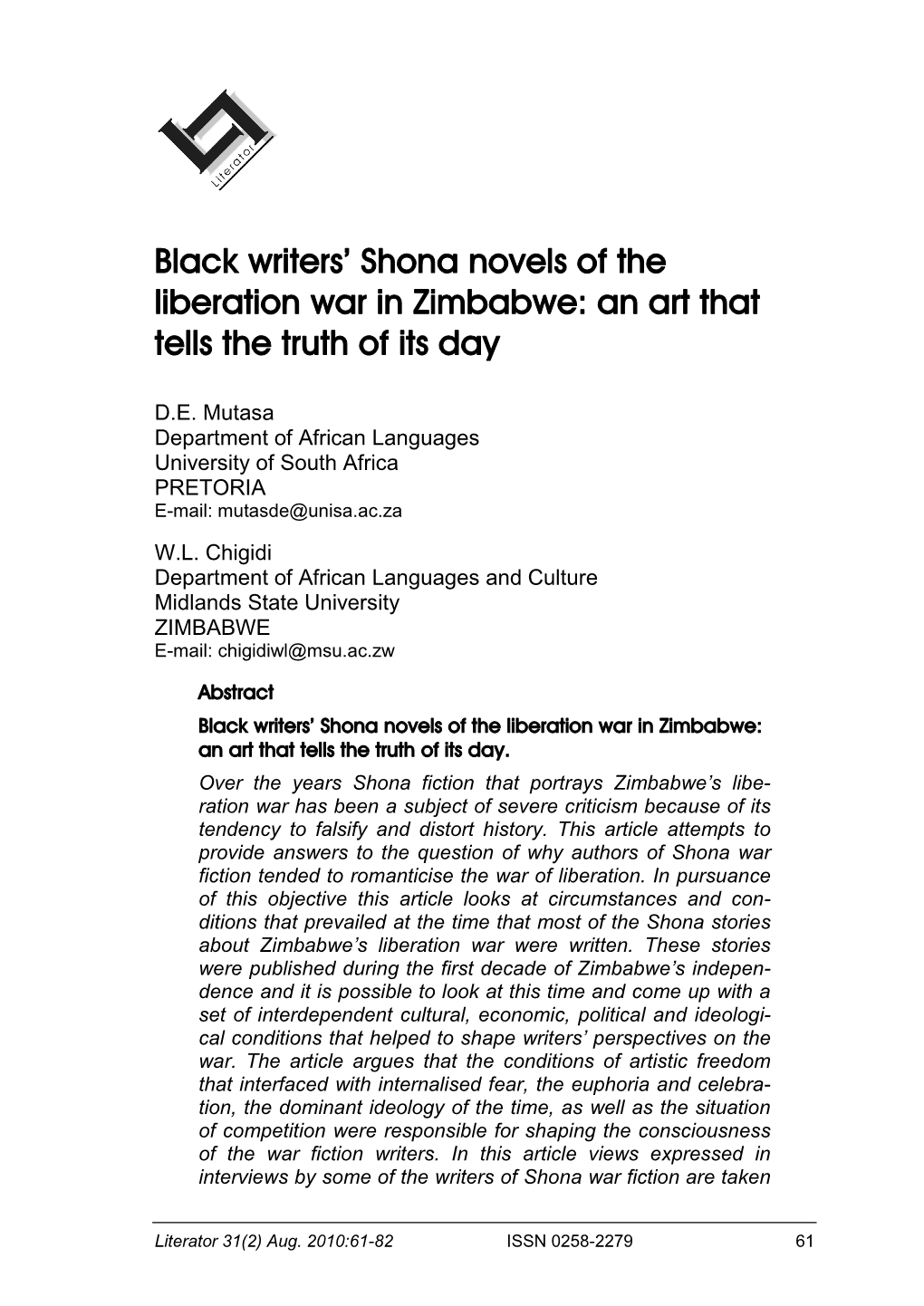 Black Writers' Shona Novels of The