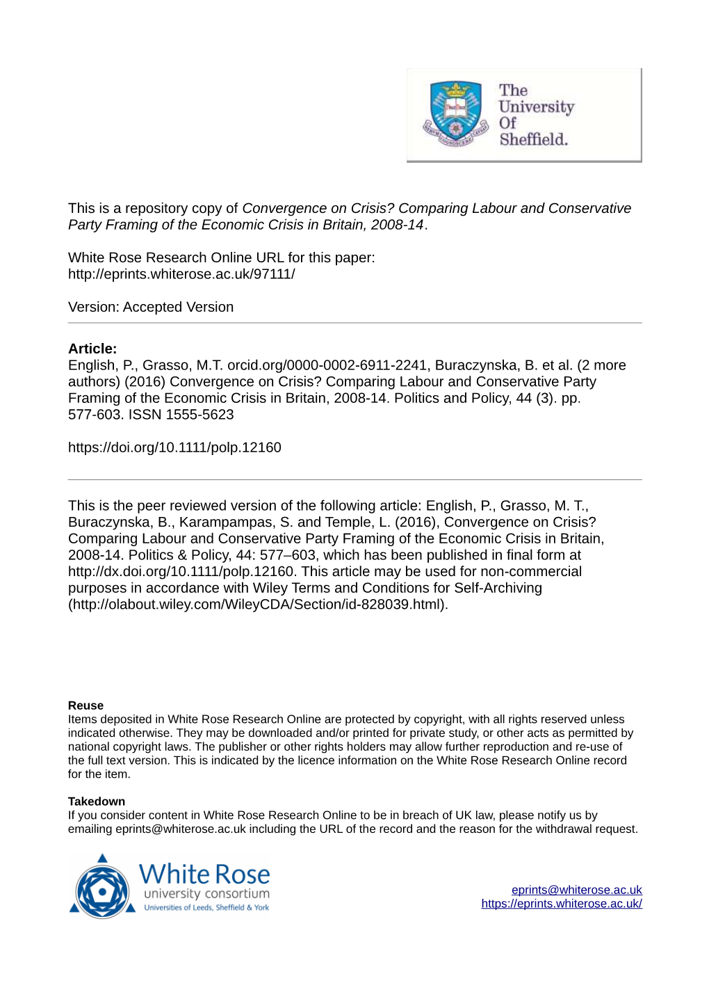 Convergence on Crisis? Comparing Labour and Conservative Party Framing of the Economic Crisis in Britain, 2008-14