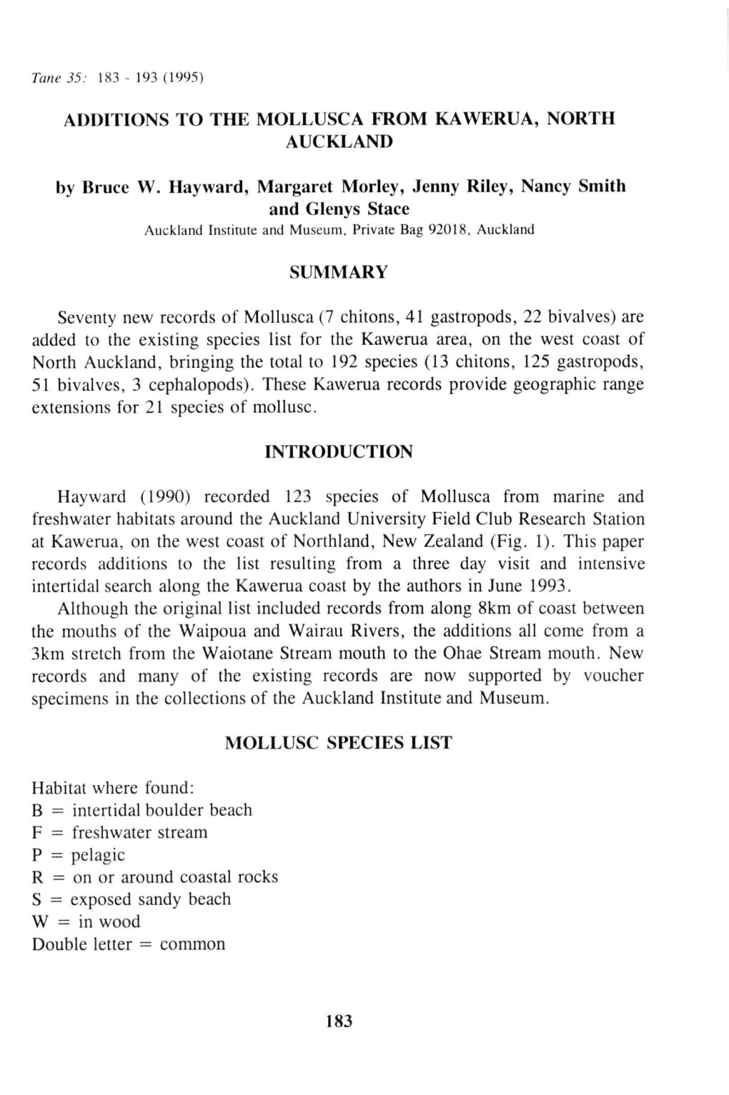 Additions to the Mollusca from Kawerua, North Auckland