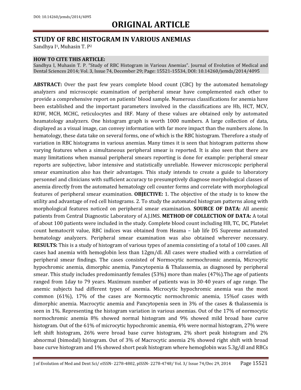 ORIGINAL ARTICLE STUDY of RBC HISTOGRAM in VARIOUS ANEMIAS Sandhya I1, Muhasin T