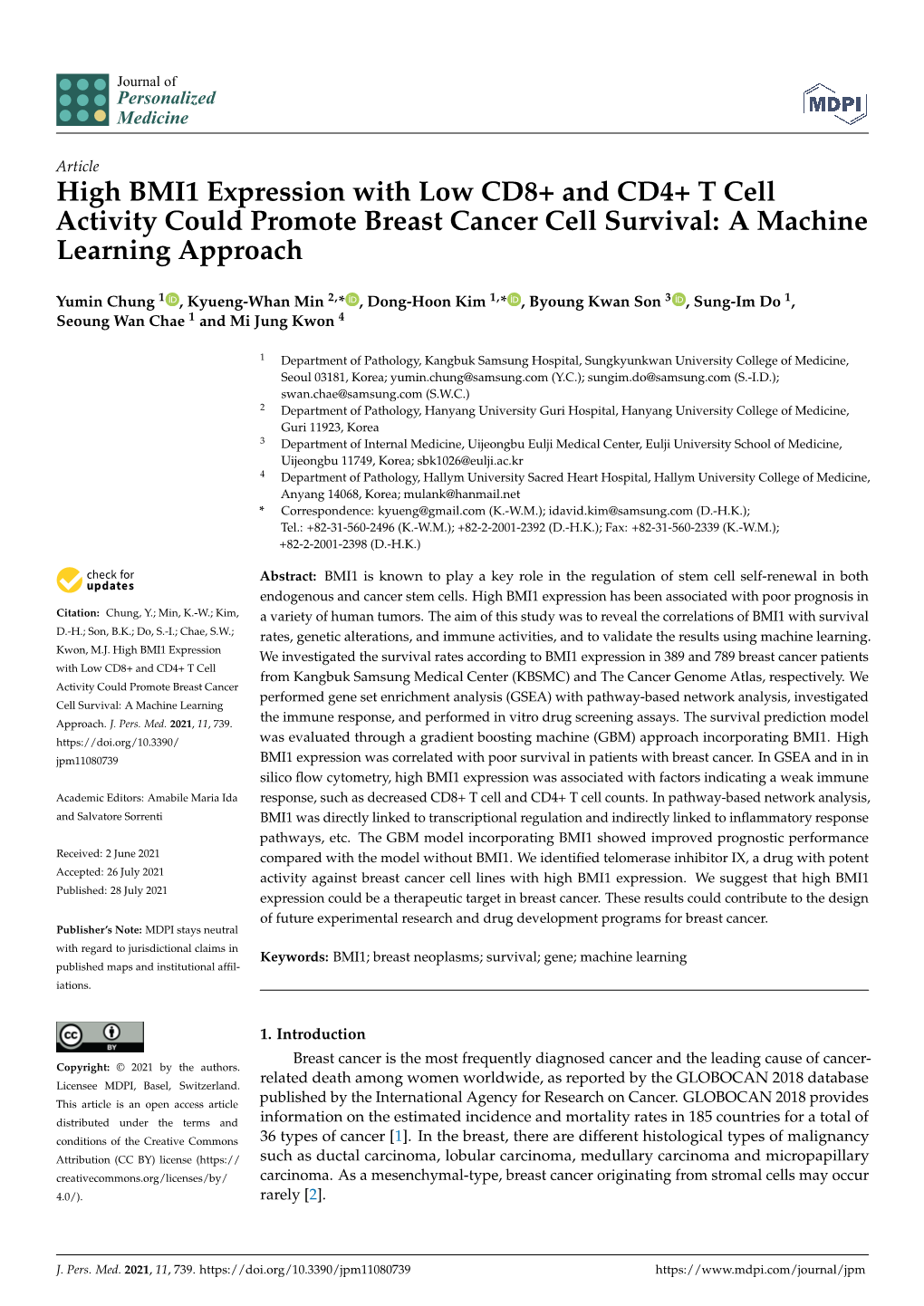 High BMI1 Expression with Low CD8+ and CD4+ T Cell Activity Could Promote Breast Cancer Cell Survival: a Machine Learning Approach