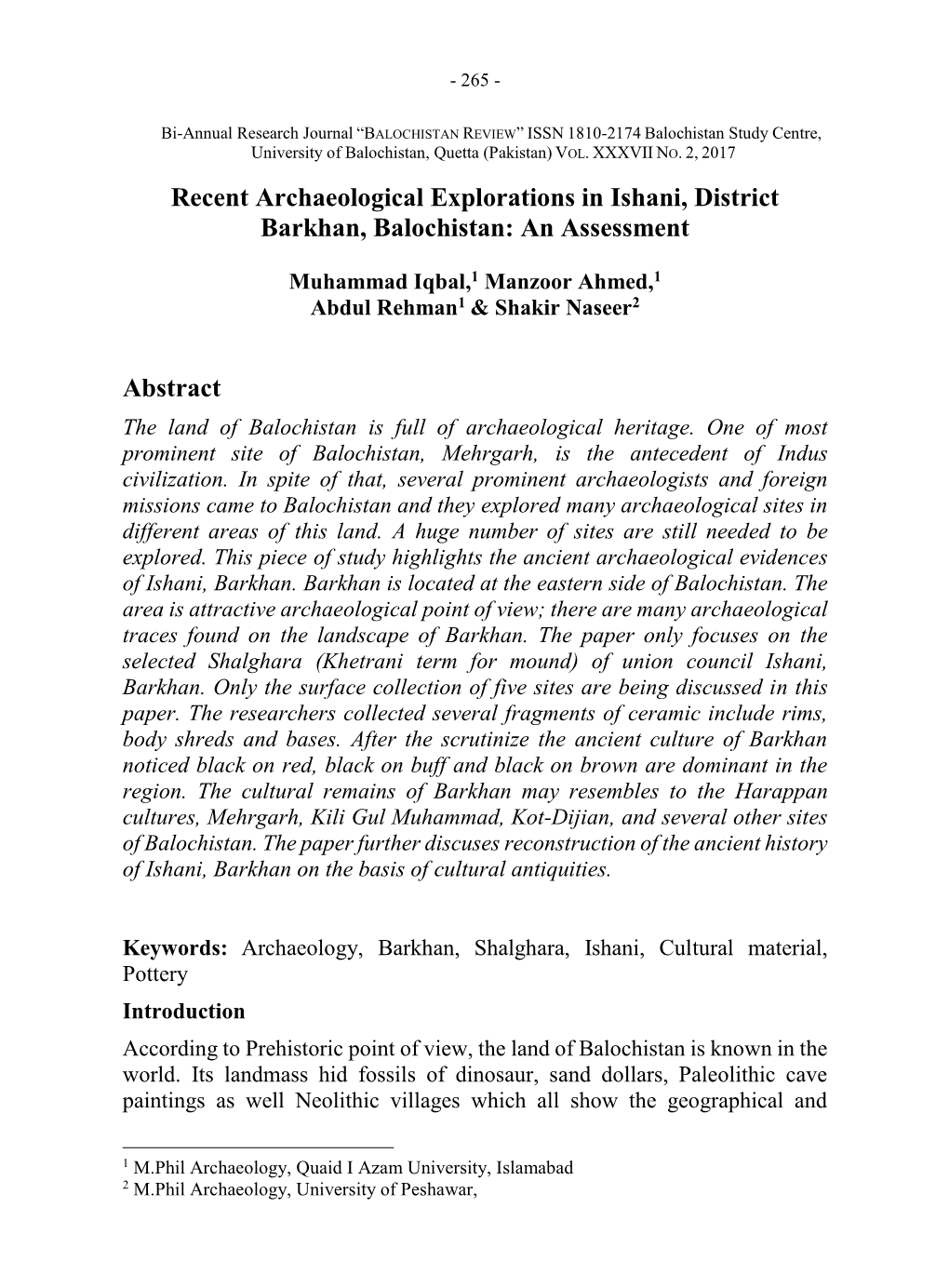 Recent Archaeological Explorations in Ishani, District Barkhan, Balochistan: an Assessment