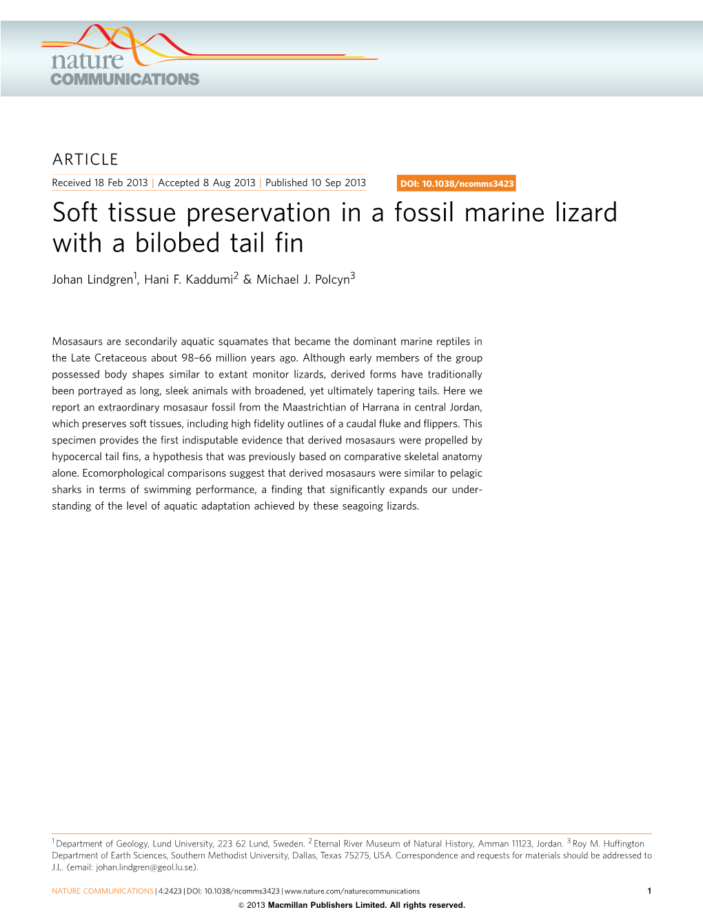 Soft Tissue Preservation in a Fossil Marine Lizard with a Bilobed Tail ﬁn