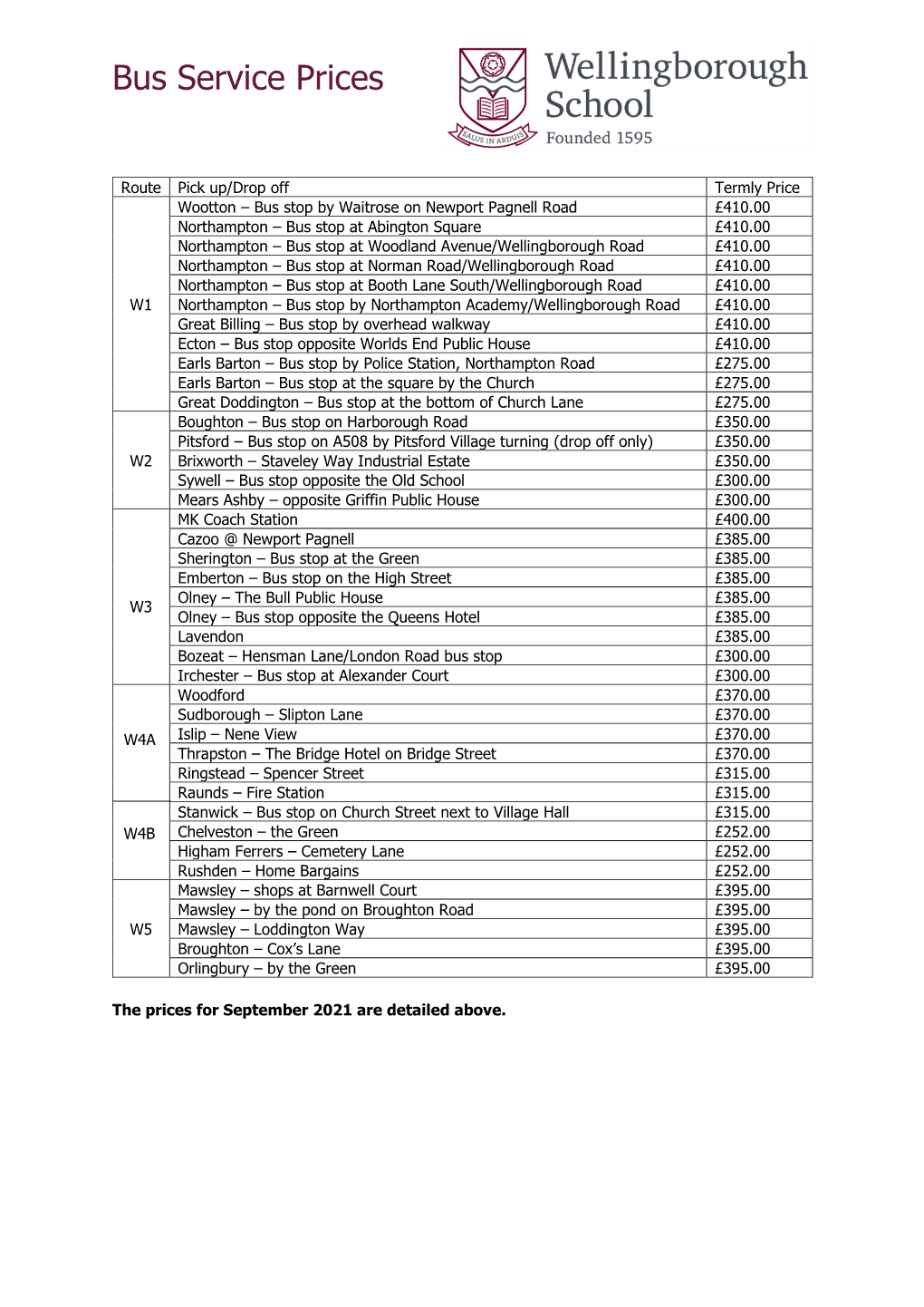 Bus Service Prices