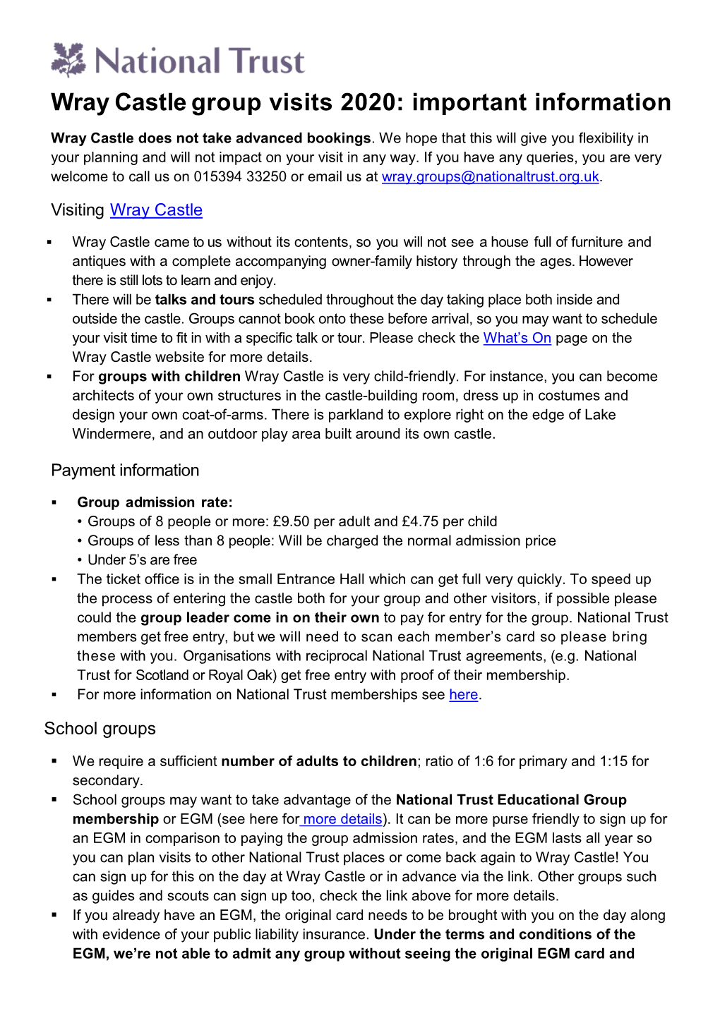 Wray Castle Group Visits 2020: Important Information Wray Castle Does Not Take Advanced Bookings