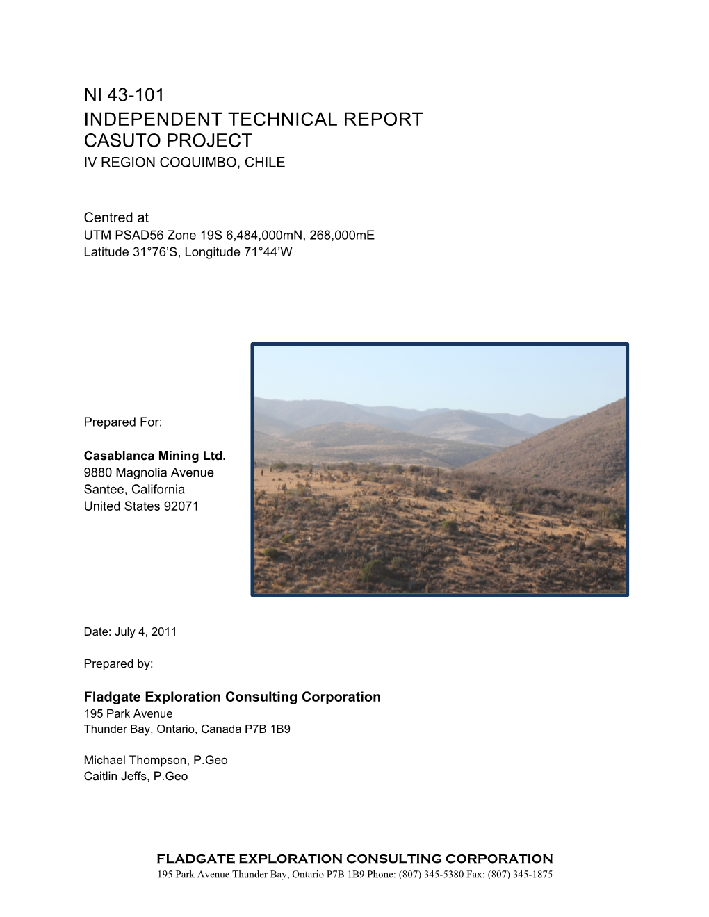 Ni 43-101 Independent Technical Report Casuto Project Iv Region Coquimbo, Chile