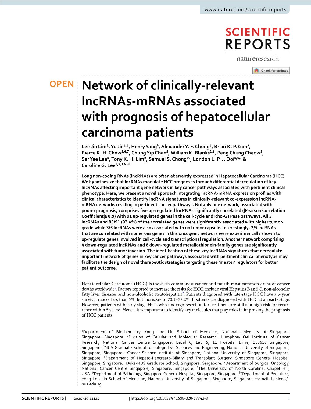 Network of Clinically-Relevant Lncrnas-Mrnas Associated with Prognosis of Hepatocellular Carcinoma Patients