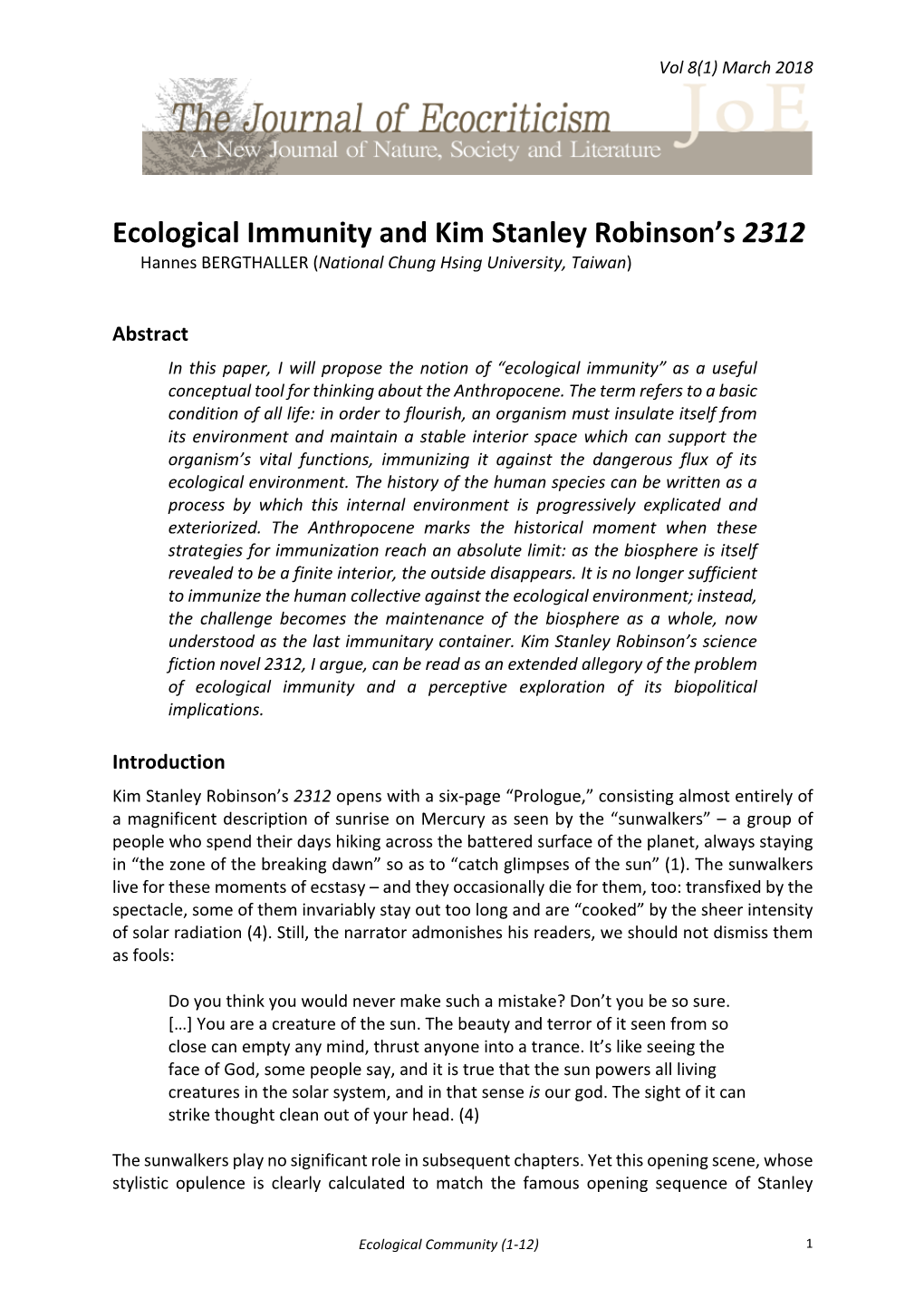 Ecological Immunity and Kim Stanley Robinson's 2312