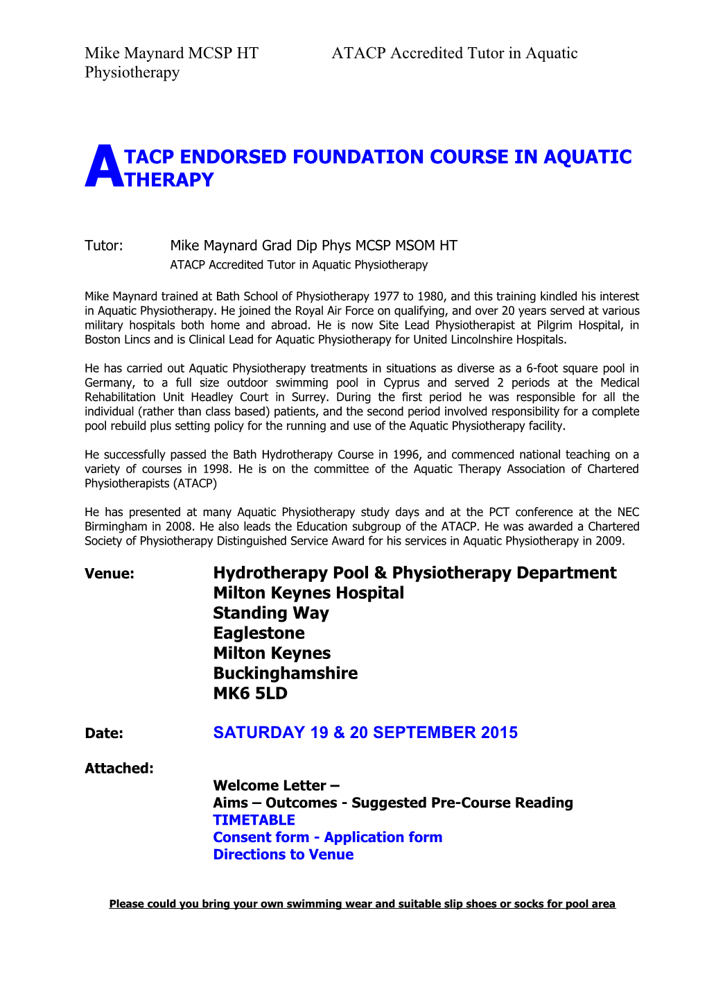 Tacp Endorsed Foundation Course in Aquatic Therapy