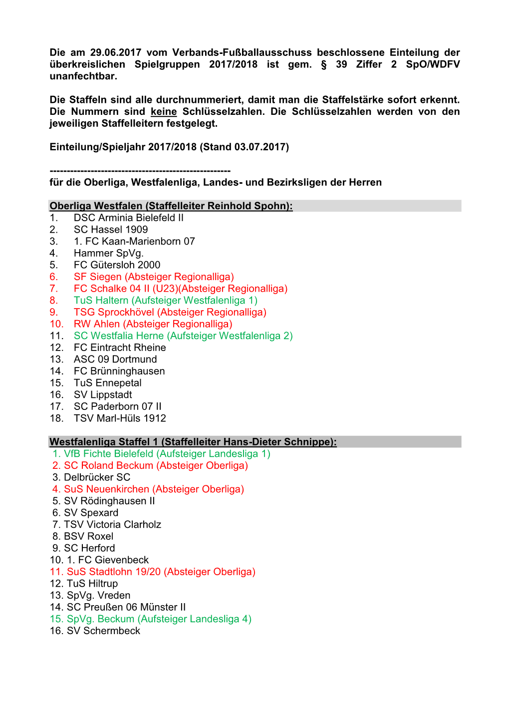 Die Am 29.06.2017 Vom Verbands-Fußballausschuss Beschlossene Einteilung Der Überkreislichen Spielgruppen 2017/2018 Ist Gem