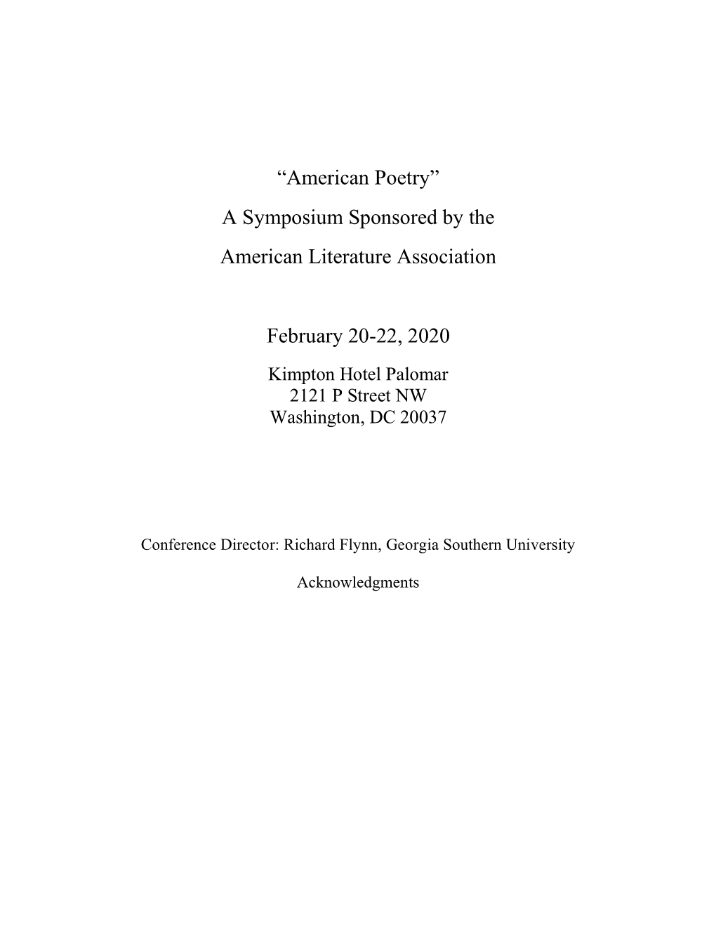 American Poetry” a Symposium Sponsored by the American Literature Association