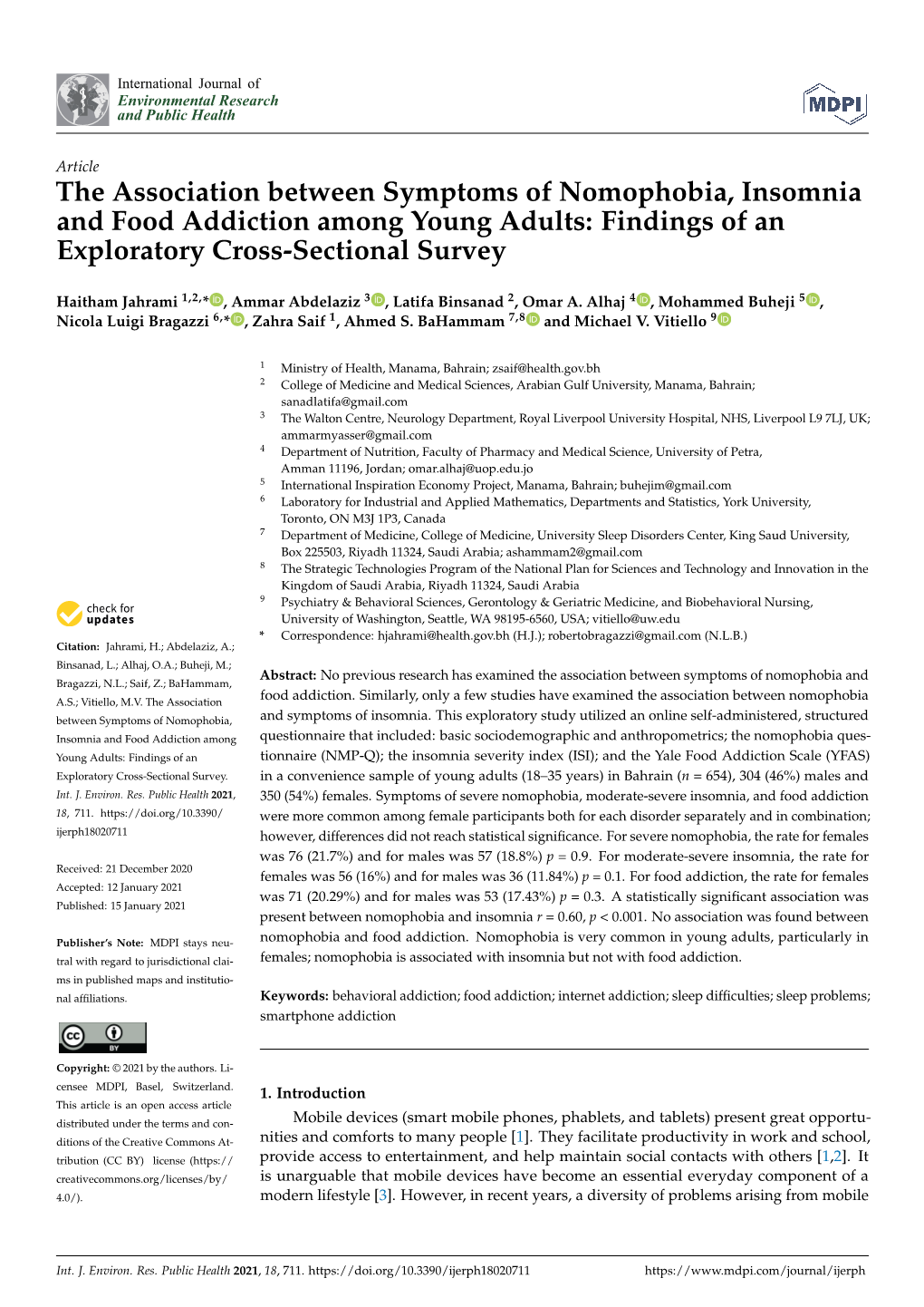 The Association Between Symptoms of Nomophobia, Insomnia and Food Addiction Among Young Adults: Findings of an Exploratory Cross-Sectional Survey