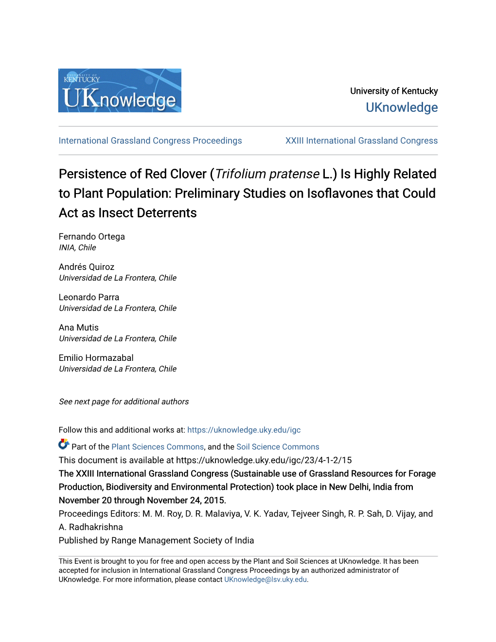 Persistence of Red Clover (Trifolium Pratense L.) Is Highly Related to Plant Population: Preliminary Studies on Isoflavones That Could Act As Insect Deterrents