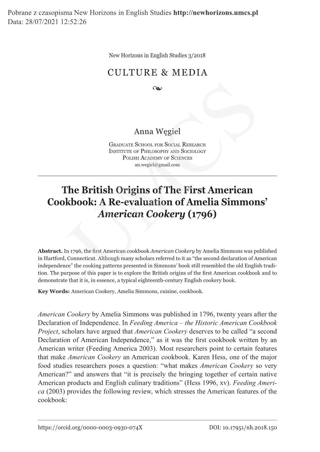 A Re-Evaluation of Amelia Simmons' American Cookery