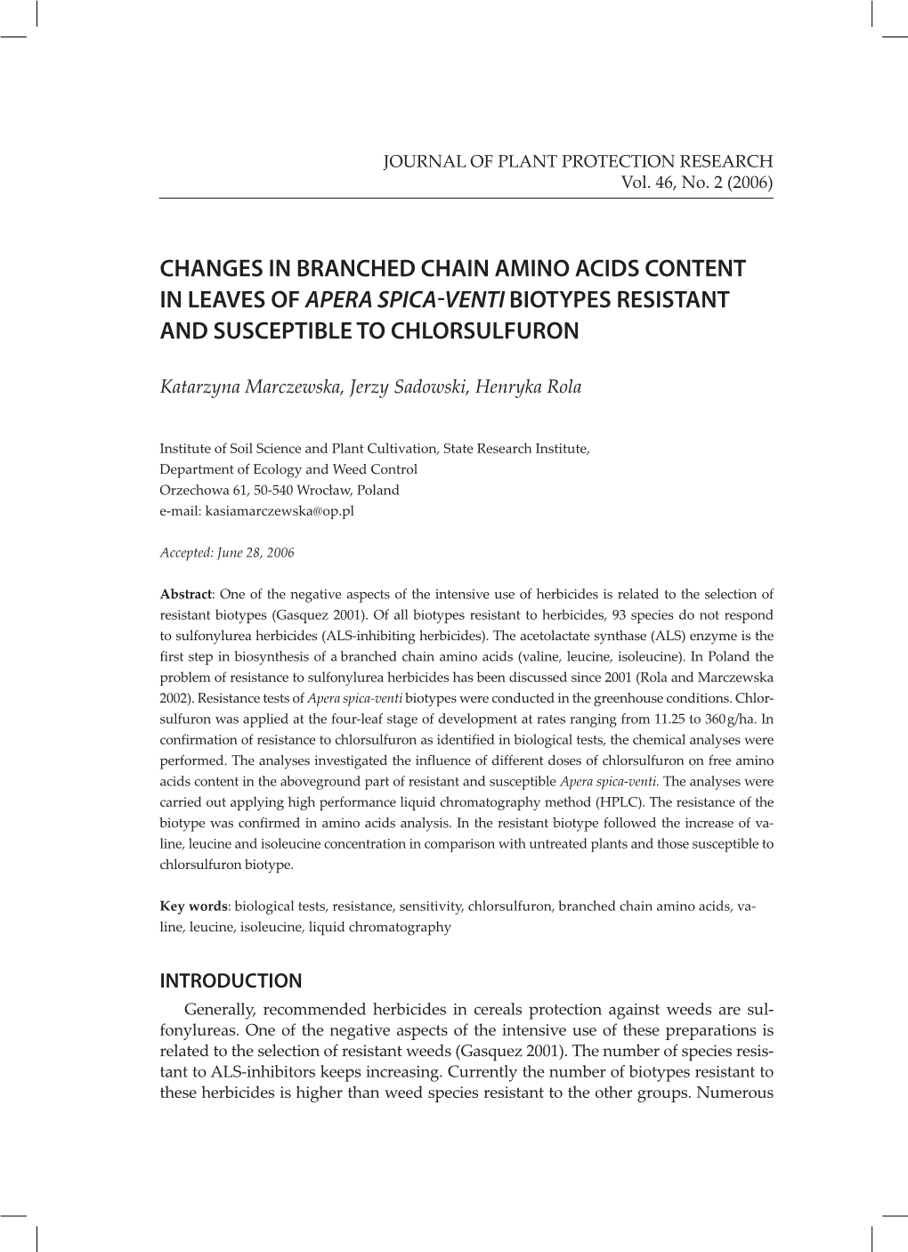 Changes in Branched Chain Amino Acids Content in Leaves of Apera Spica-Venti Biotypes Resistant and Susceptible to Chlorsulfuron