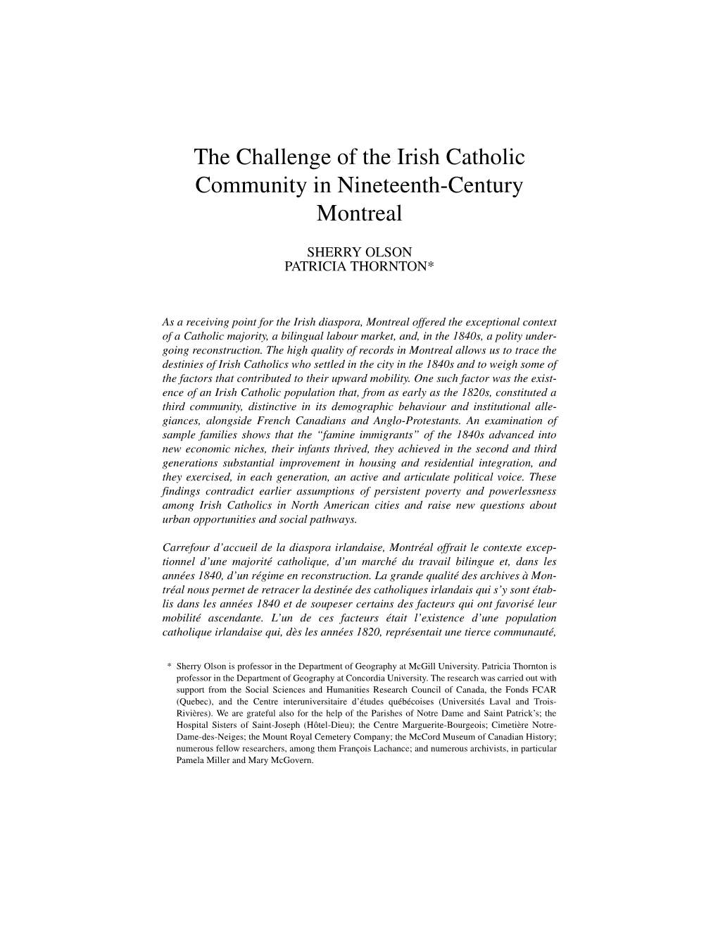 The Challenge of the Irish Catholic Community in Nineteenth4century Montreal