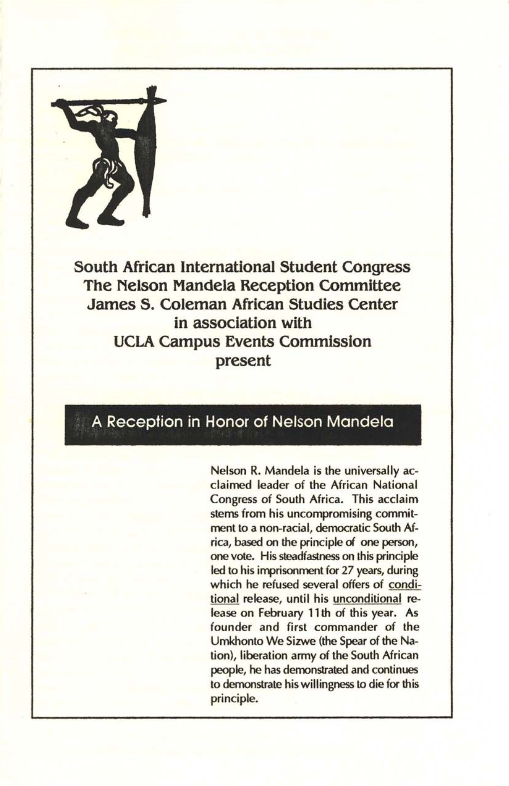 South African International Student Congress the Nelson Mandela Reception Committee James S
