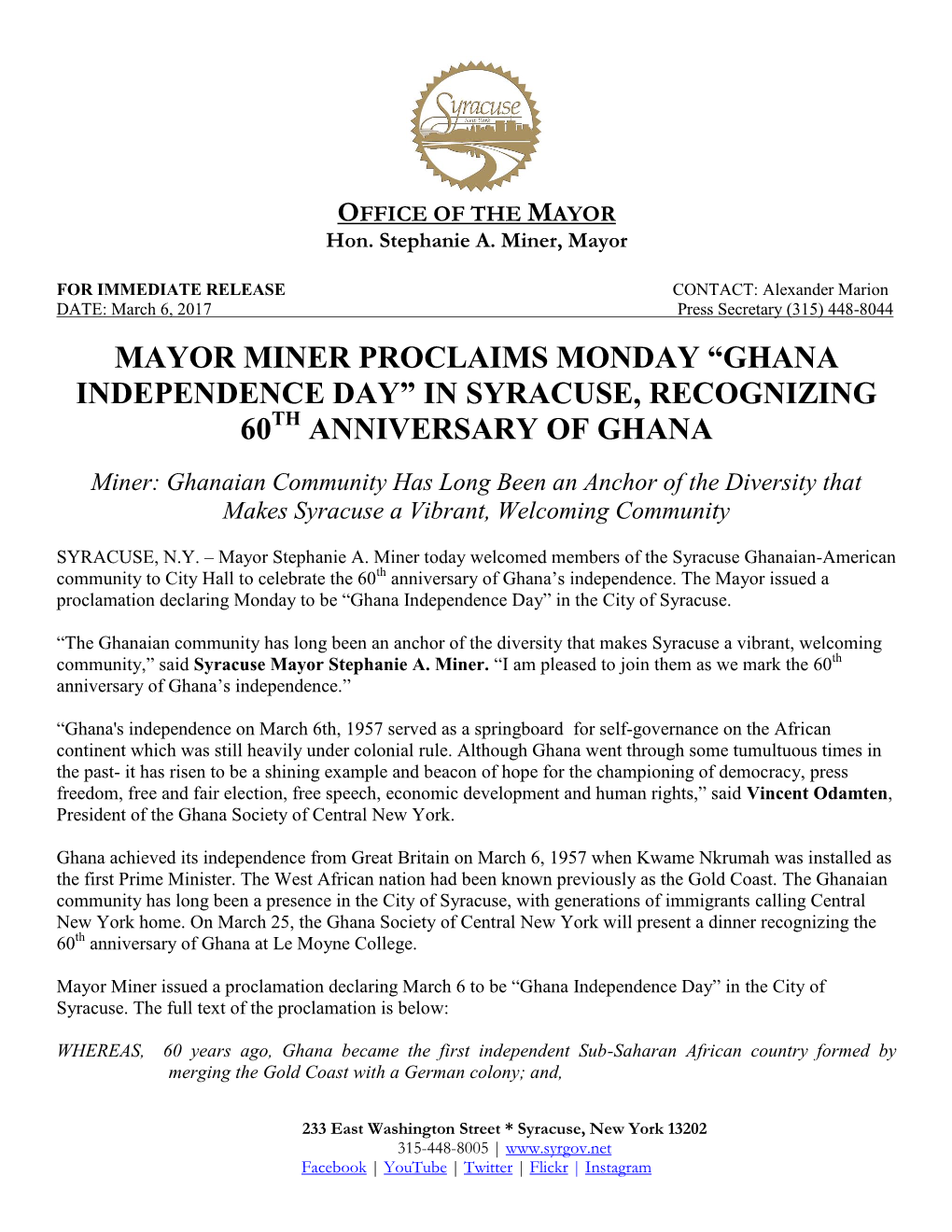 Ghana Independence Day” in Syracuse, Recognizing 60Th Anniversary of Ghana