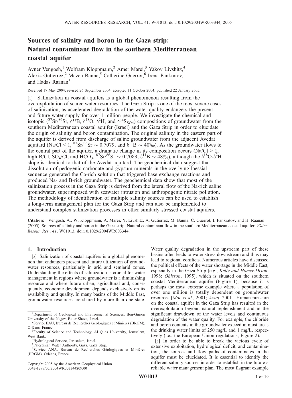 Sources of Salinity and Boron in the Gaza Strip: Natural Contaminant