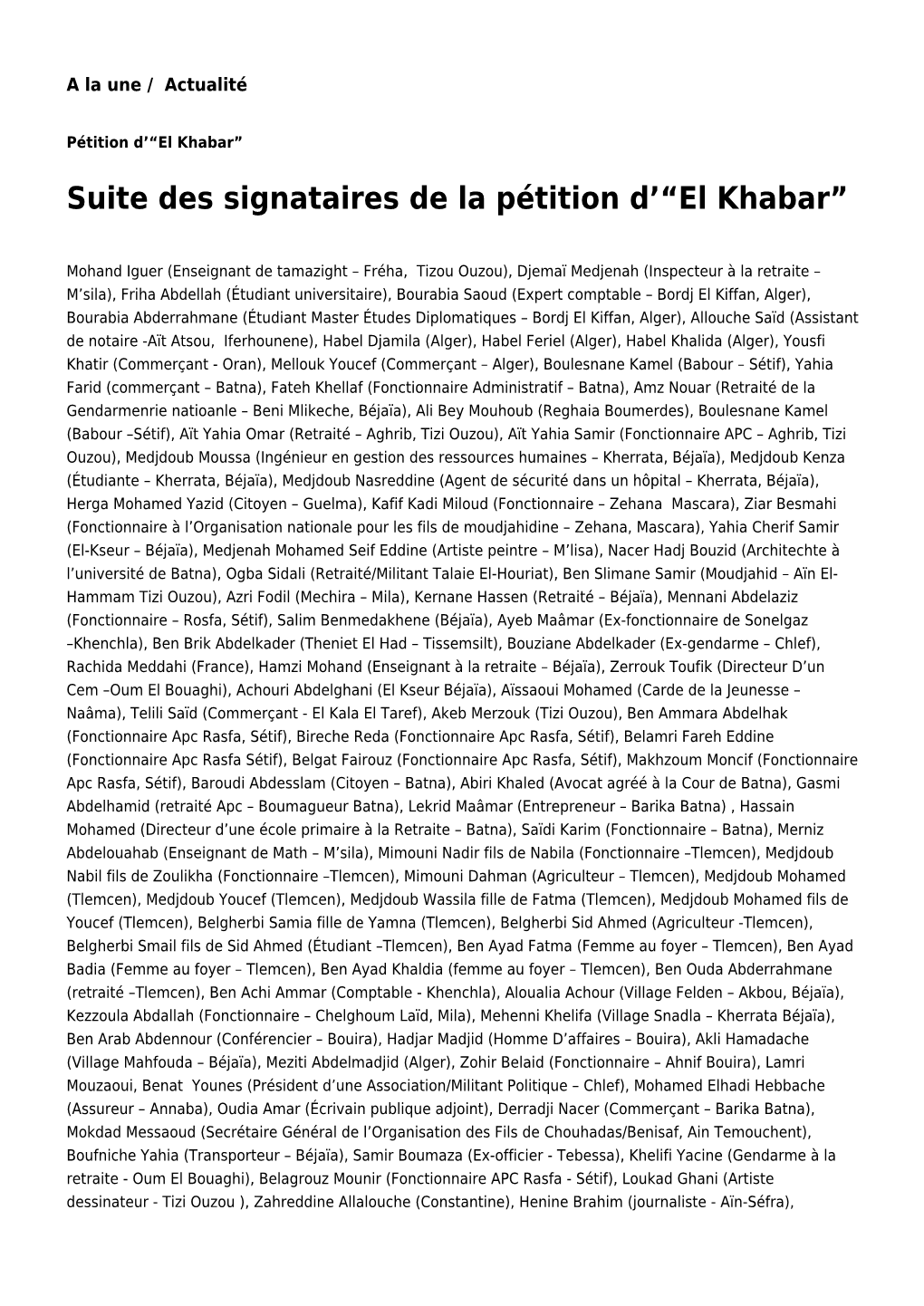 Suite Des Signataires De La Pétition D'“El Khabar”: Toute L'actualité Sur