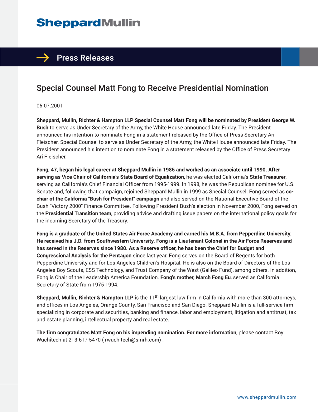 Press Releases Special Counsel Matt Fong to Receive Presidential