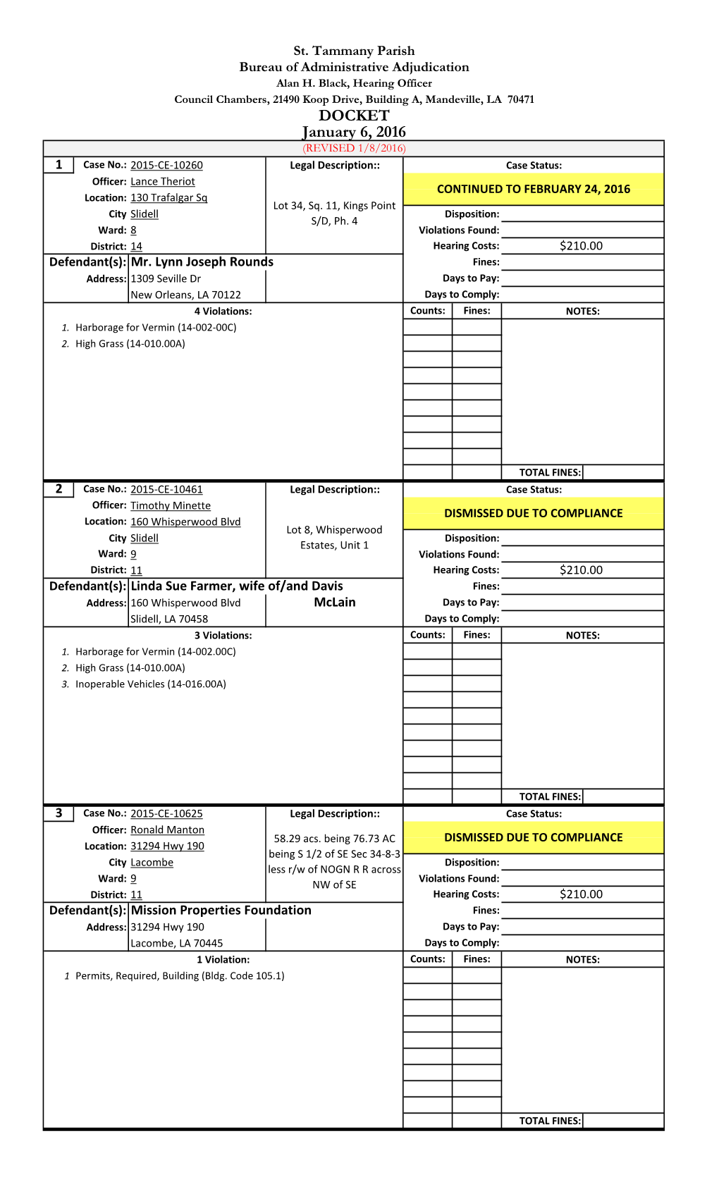 DOCKET January 6, 2016