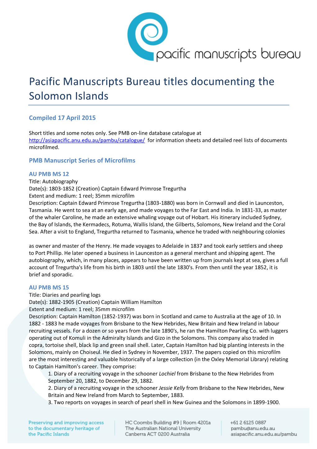 Pacific Manuscripts Bureau Titles Documenting the Solomon Islands