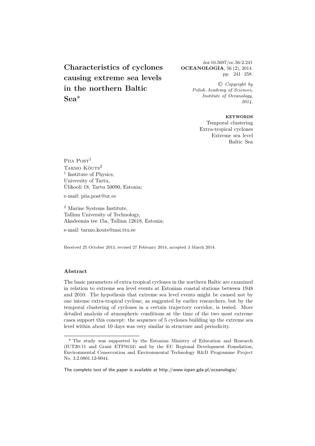 Characteristics of Cyclones Causing Extreme Sea Levels In