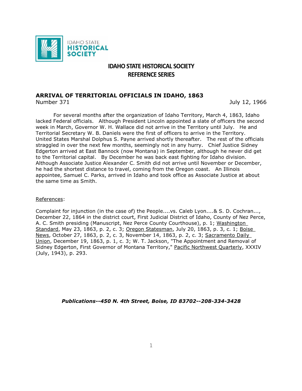 Arrival of Territorial Officals in Idaho 1863