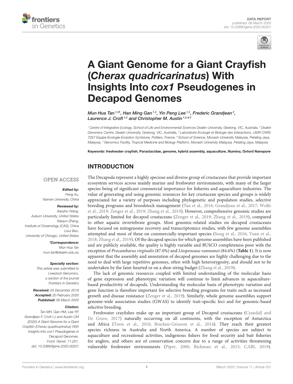 Cherax Quadricarinatus) with Insights Into Cox1 Pseudogenes in Decapod Genomes