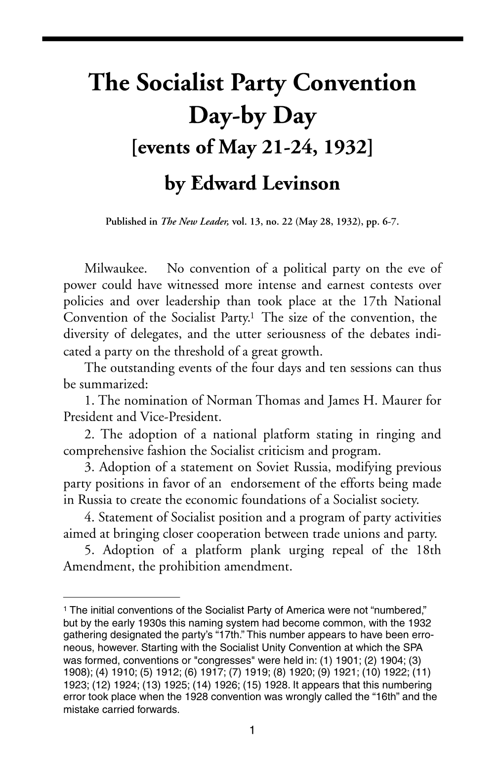 The Socialist Party Convention Day-By Day [Events of May 21-24, 1932] by Edward Levinson