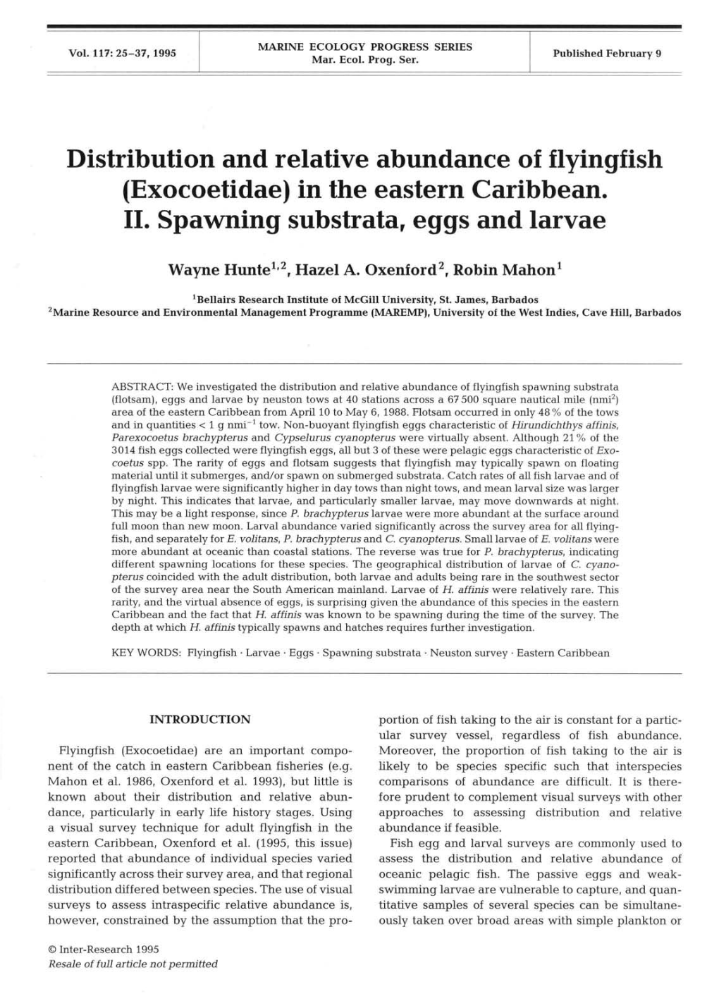 Distribution and Relative Abundance of Flyingfish (Exocoetidae) in the Eastern Caribbean