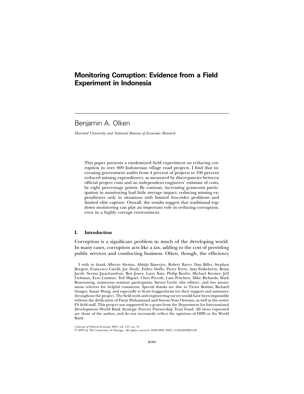 Monitoring Corruption: Evidence from a Field Experiment in Indonesia