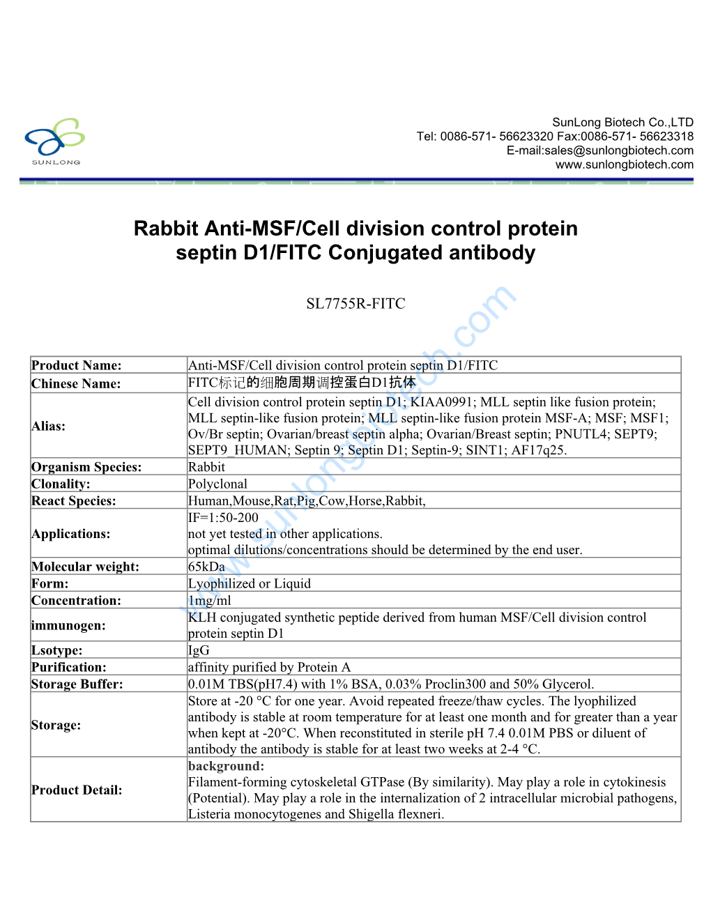 Rabbit Anti-MSF/Cell Division Control Protein Septin D1/FITC Conjugated Antibody