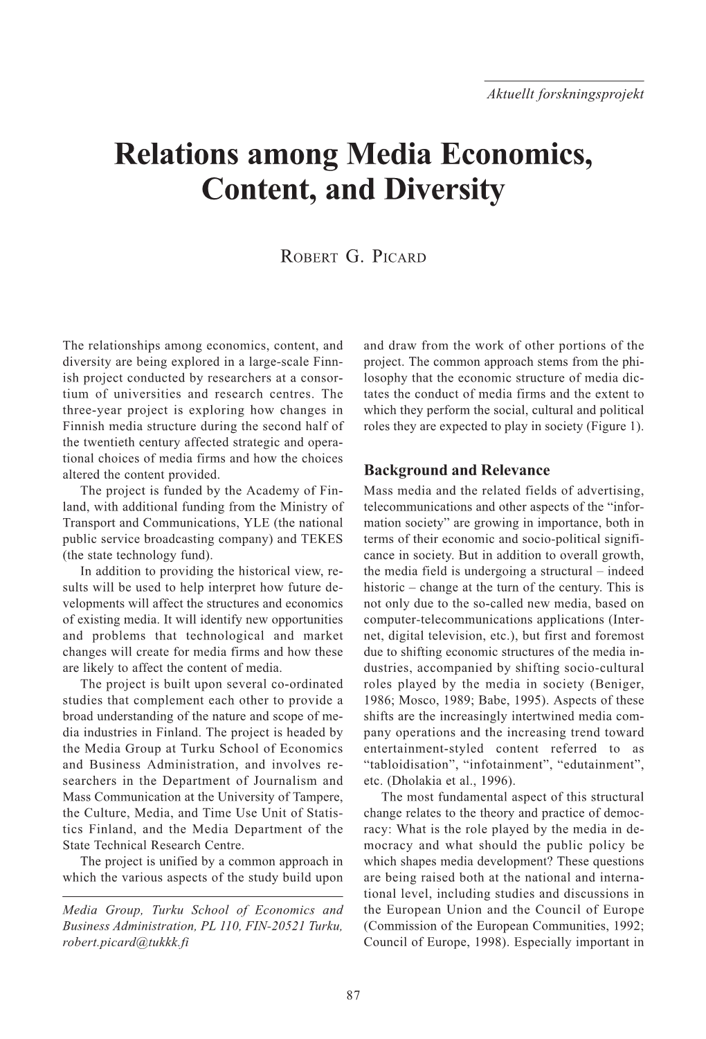 Relations Among Media Economics, Content, and Diversity