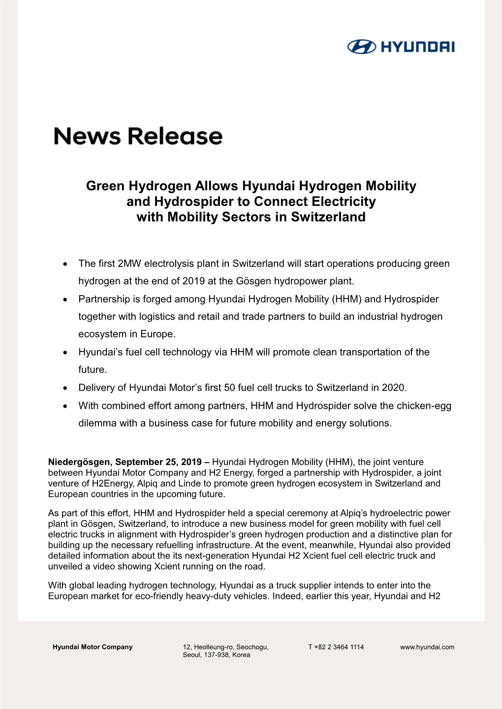 Green Hydrogen Allows Hyundai Hydrogen Mobility and Hydrospider to Connect Electricity with Mobility Sectors in Switzerland