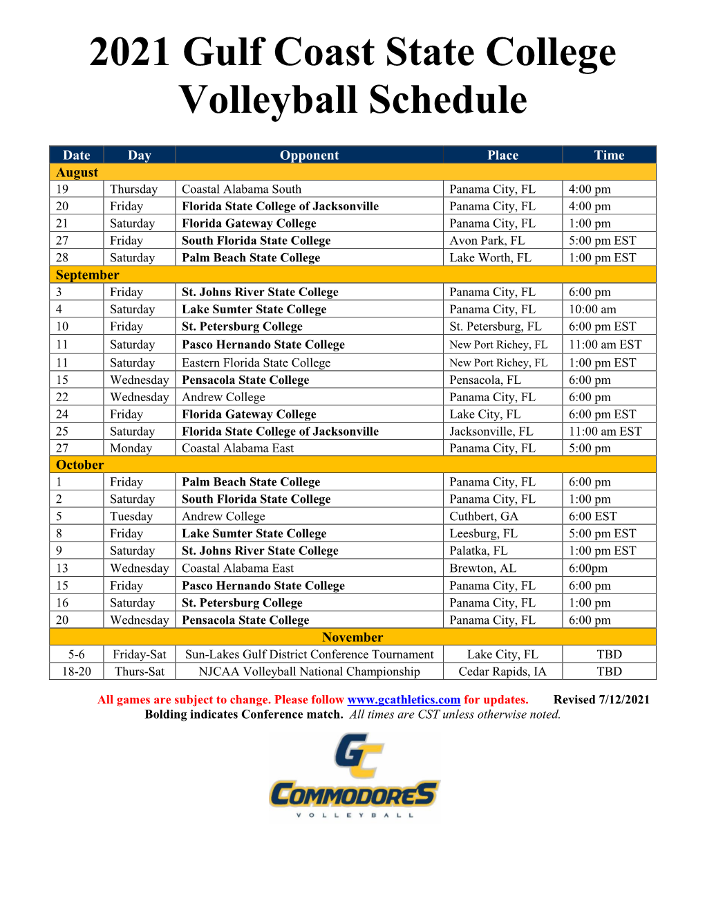 2021 Gulf Coast State College Volleyball Schedule