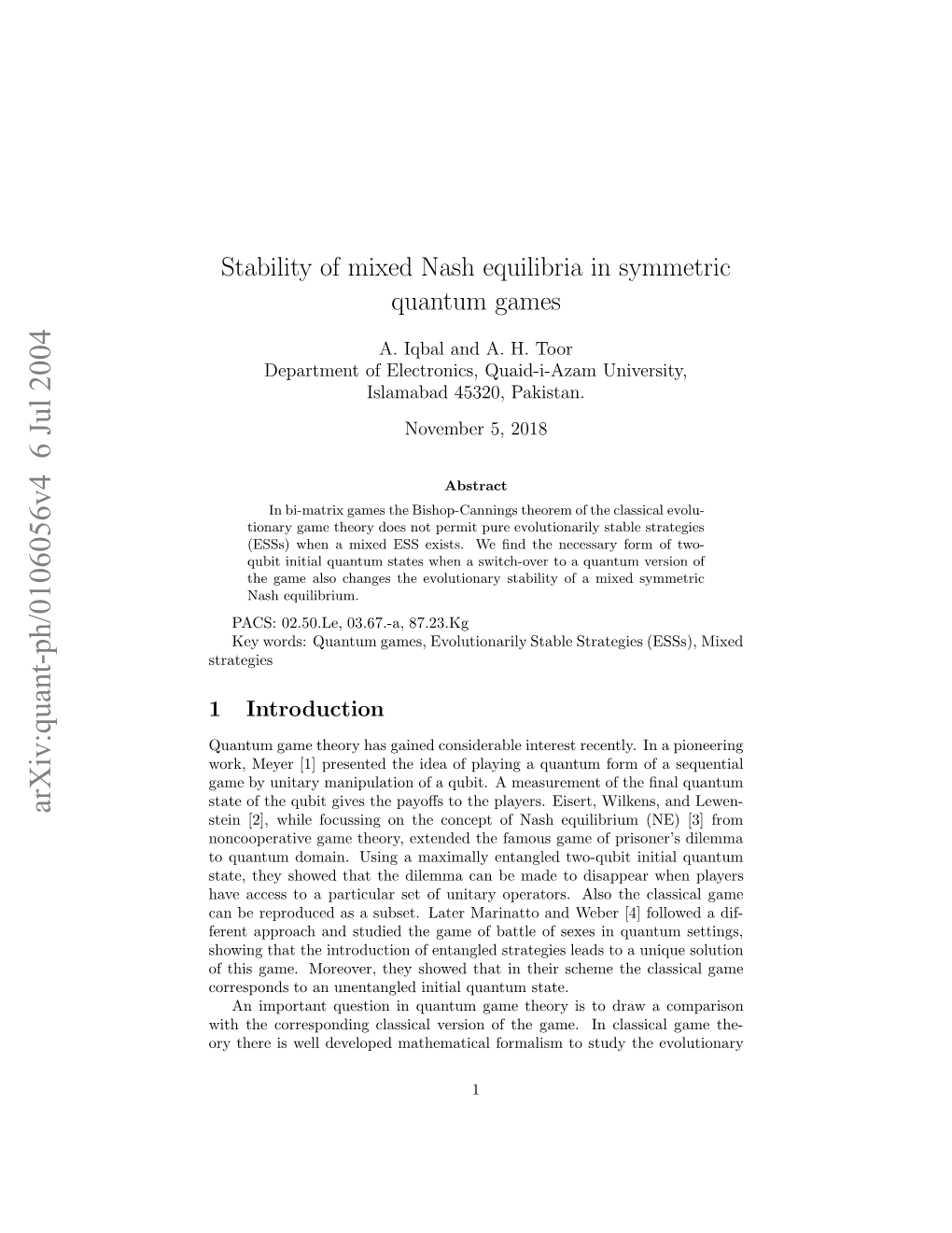 Stability of Mixed Nash Equilibria in Symmetric Quantum Games