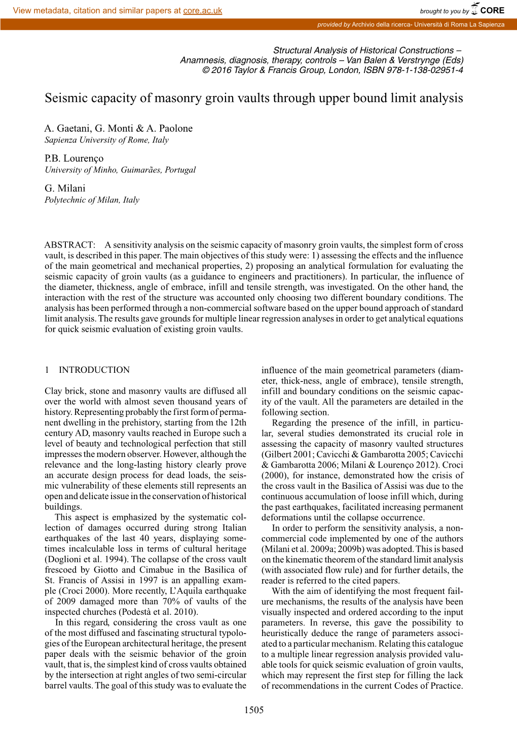 Seismic Capacity of Masonry Groin Vaults Through Upper Bound Limit Analysis