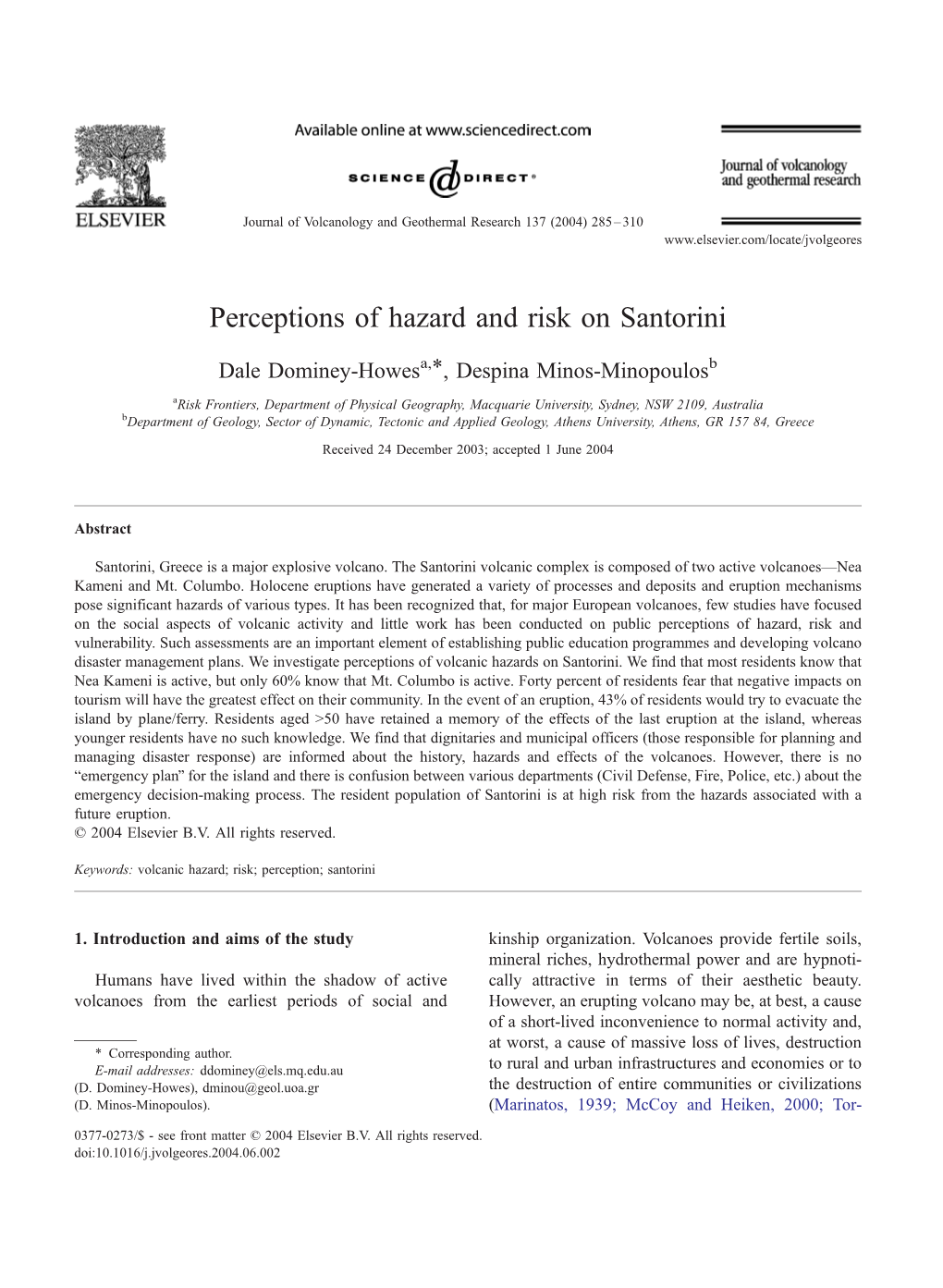 Perceptions of Hazard and Risk on Santorini