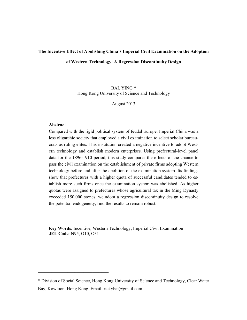 The Incentive Effect of Abolishing China's Imperial Civil Examination